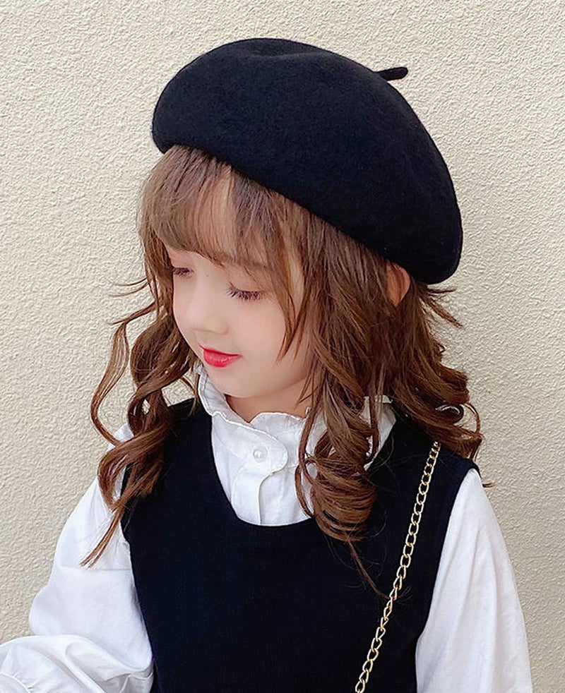 Brcus Kids Girls French Beret Hat Artist Hat Solid Warm Beanie Cap Winter Autumn (Black, 1) - Image 4